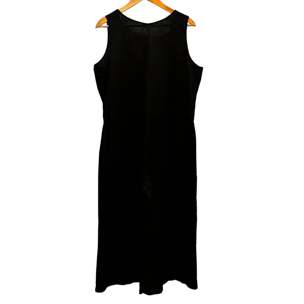 Neiman Marcus Sleeveless Linen Wide Leg Cropped Jumpsuit, Black, L